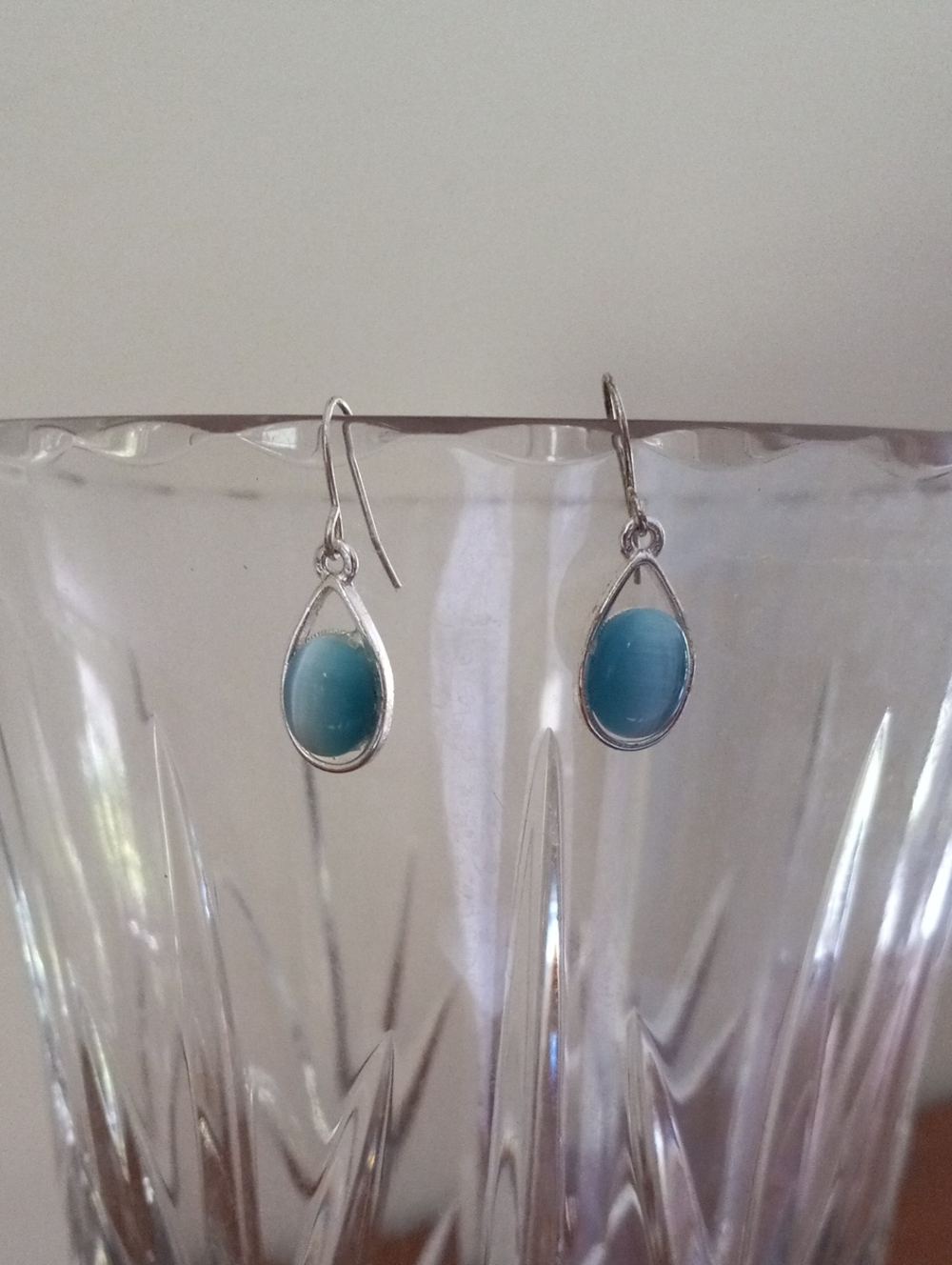 Silver Tone Blue Cat’s Eye Teardrop Open Frame Dangle Earrings